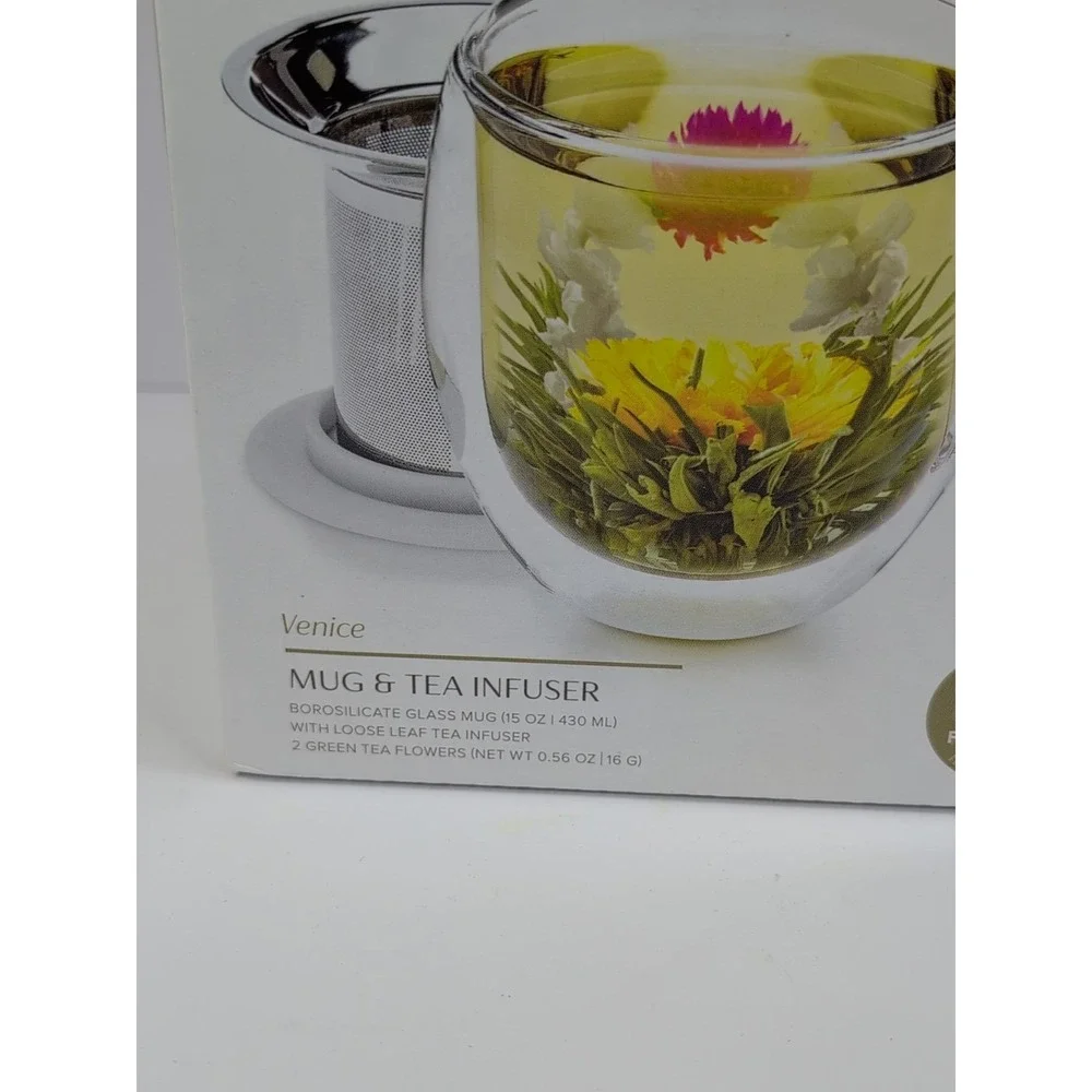 Teabloom VENICE Double Wall Glass Mug with Infuser & Lid/Coaster‎ White NEW